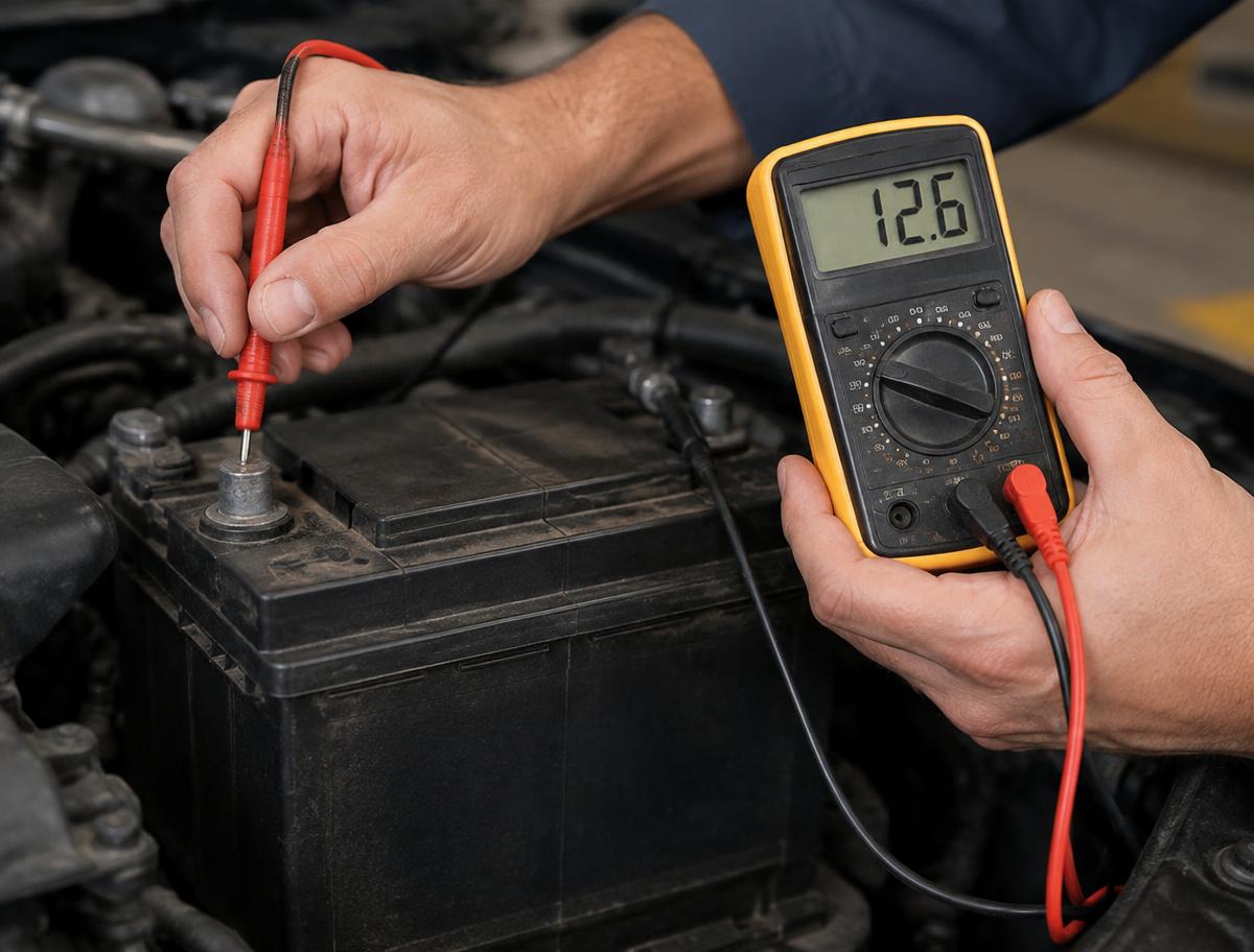 Battery testing before replacement at a battery shop in Gurugram